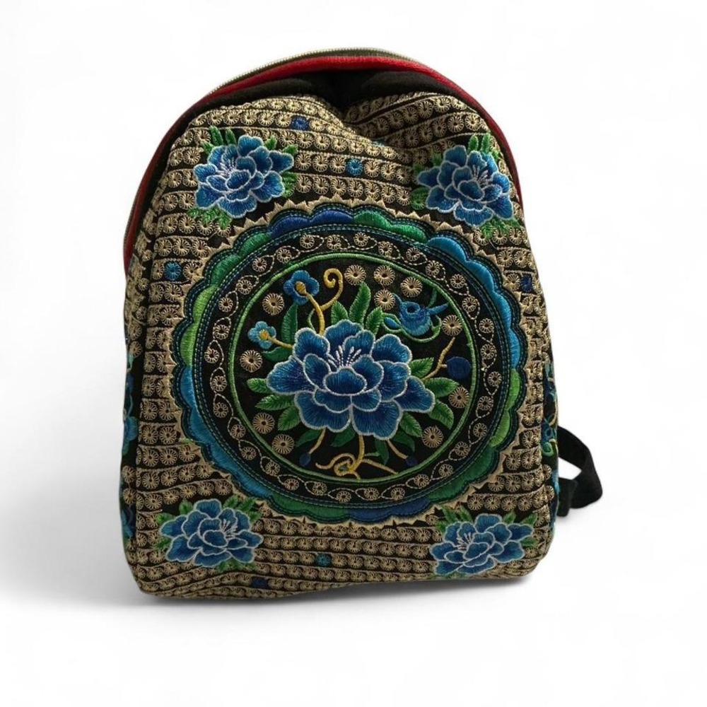 Unbranded Floral Embroidered Backpack Women Small Black Gold Blue Excellent Boho